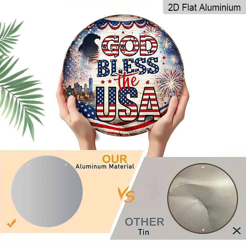 2D Flat - 1pc Round Aluminum Hanging Sign - "God Bless The USA" Patriotic Eagle & Firework Metal Wall Art, Decor for The 4Th of July, a Gift for