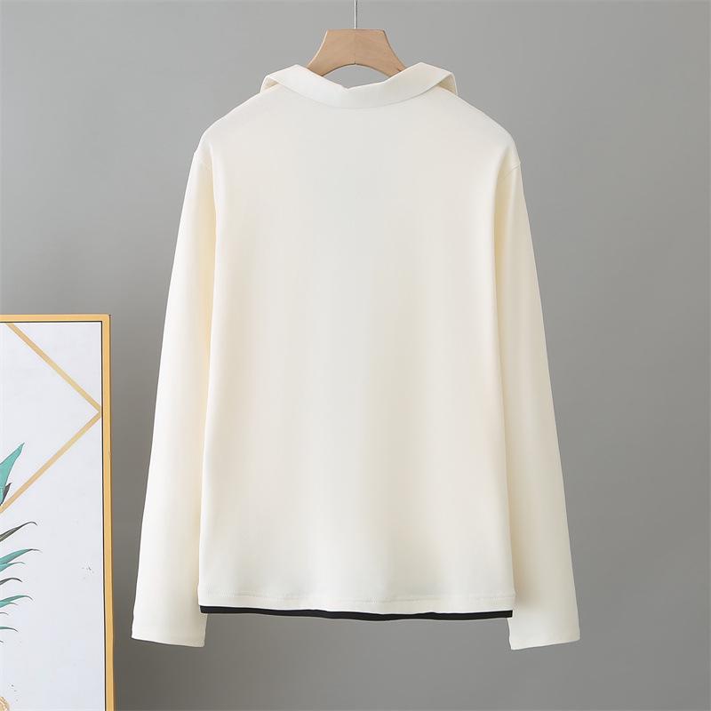 2026 Spring Plus Size Women's Long Sleeve Color Block 2-in-1 Cotton T-Shirt Slimming Top