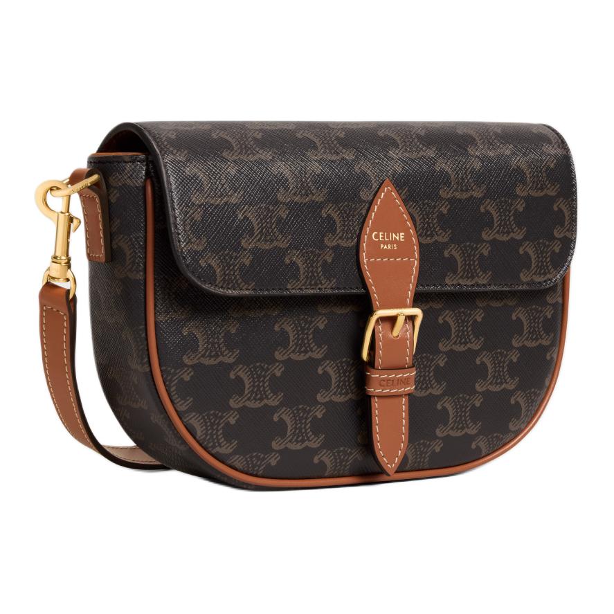 Celine Folco Brand Logo Print Design Leather Trim Shoulder Bag Women Shoulder Bag Brown 122652GTL-04LU