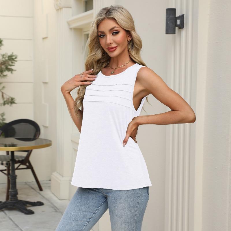 Spring and Summer Solid Color U-neck Pleated Vest T-shirt for Women