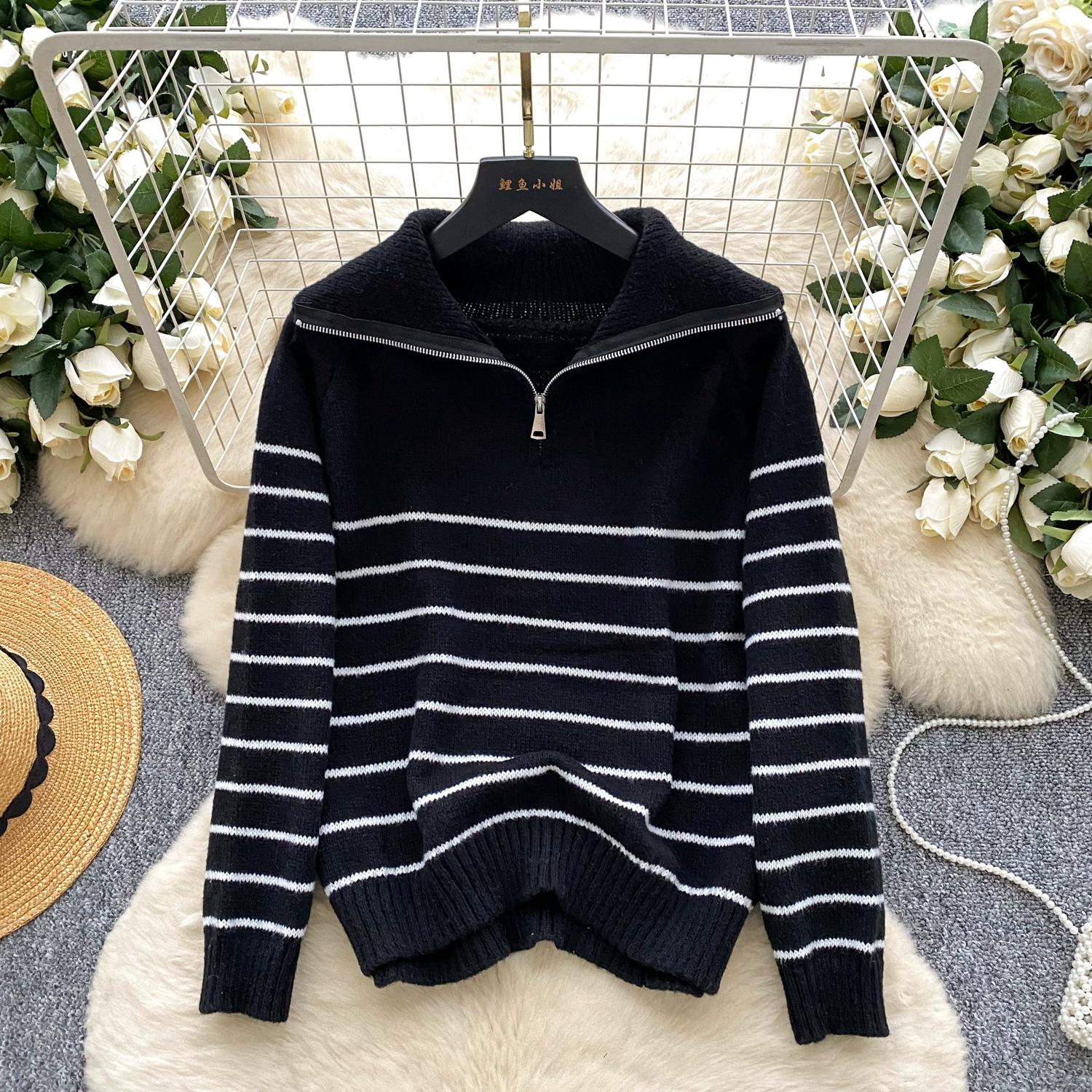 

Осень Зима Женщины Женщины Отложной воротник Полосатый Вязаный свитер Молния Пуловер Топы для девушки One Size чёрный