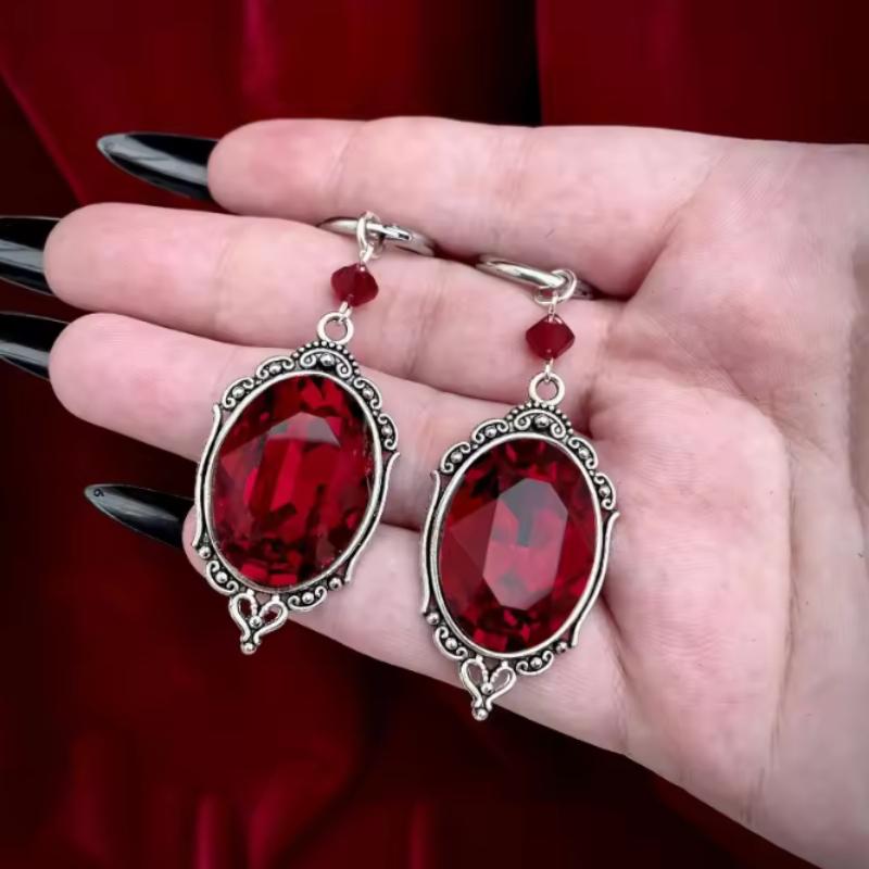 New Gothic Blood Red Color Oval Patterned Pendant Earrings, Women's Retro Trendy Holiday Accessories Zircon