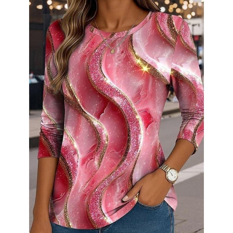 Mode Damen T-Shirts Lässige Langarm Tops Geometrische Grafiken T-Shirts Bluse Rundhals Herbst Winter Streetwear Pullover