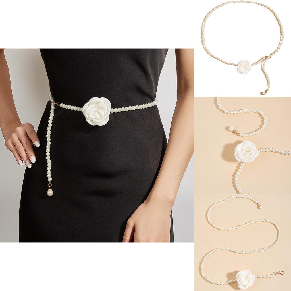 Elegant Simulated Pearl And Rose Decoration Women Casual Waist Chain For Casual Or Formal Wear