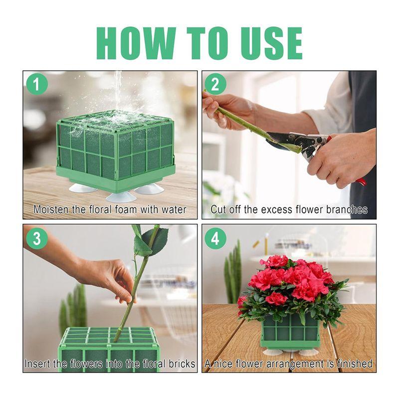 A84E-Floral Foam Cage With Square Flower Foam Blocks Holder, Floral Foam Blocks For Artificial Flowers Arrangements, Durable 4Pc