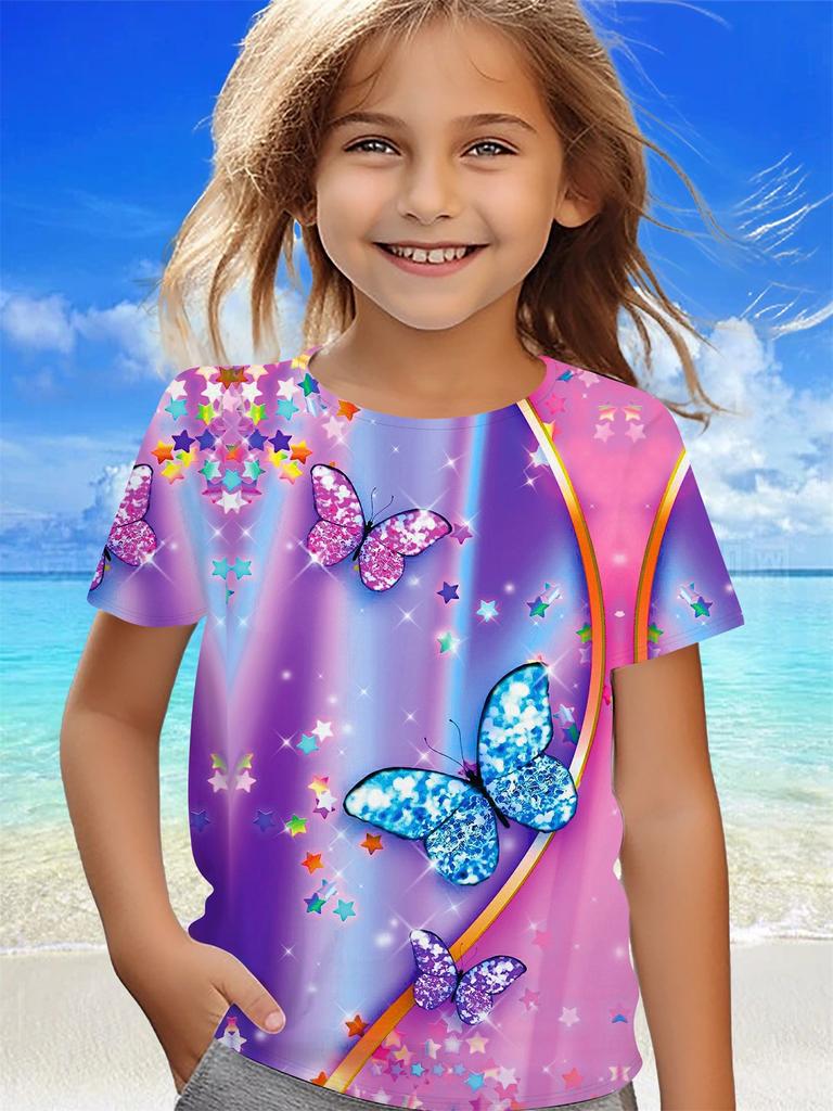Children's Clothing Girl Clothes Short Sleeve Girl T-Shirt Prety Butterfly Print Kawaii Round Neck Girl Top Kids Summer Clothes
