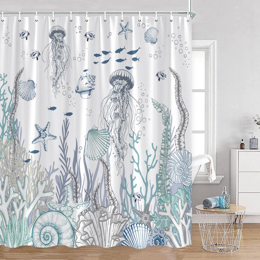 Cartoon Ocean Animals Watercolor Shower Curtains Octopus Turtle Jellyfish Whale Sea Bathroom Decorations Polyester Bath Curtains