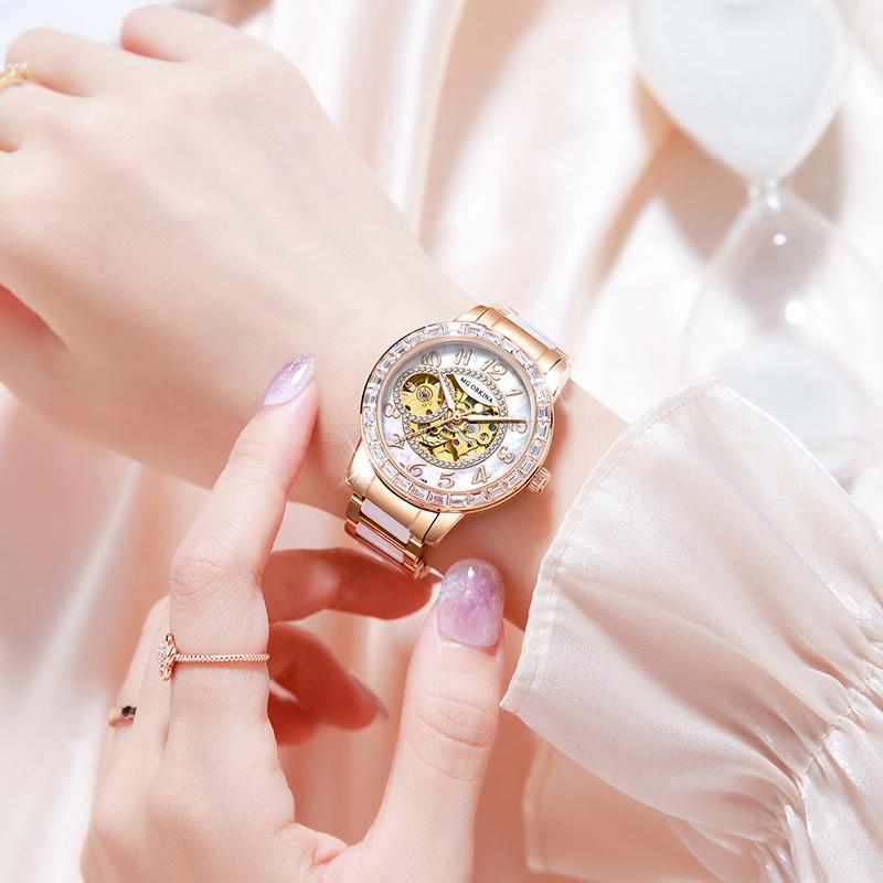 ORKINA-Automatic Watches for Women, Skeleton Mechanical Watch, Elegant Luxury Dress, Gold Gear, Diamond, White Ceramic BandGift