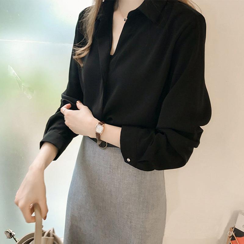 Damen Bluse aus staubigem Blauem Chiffon Langarm Hemdkragen Elegant Lässig Büro Oberteil Für den Täglichen Gebrauch