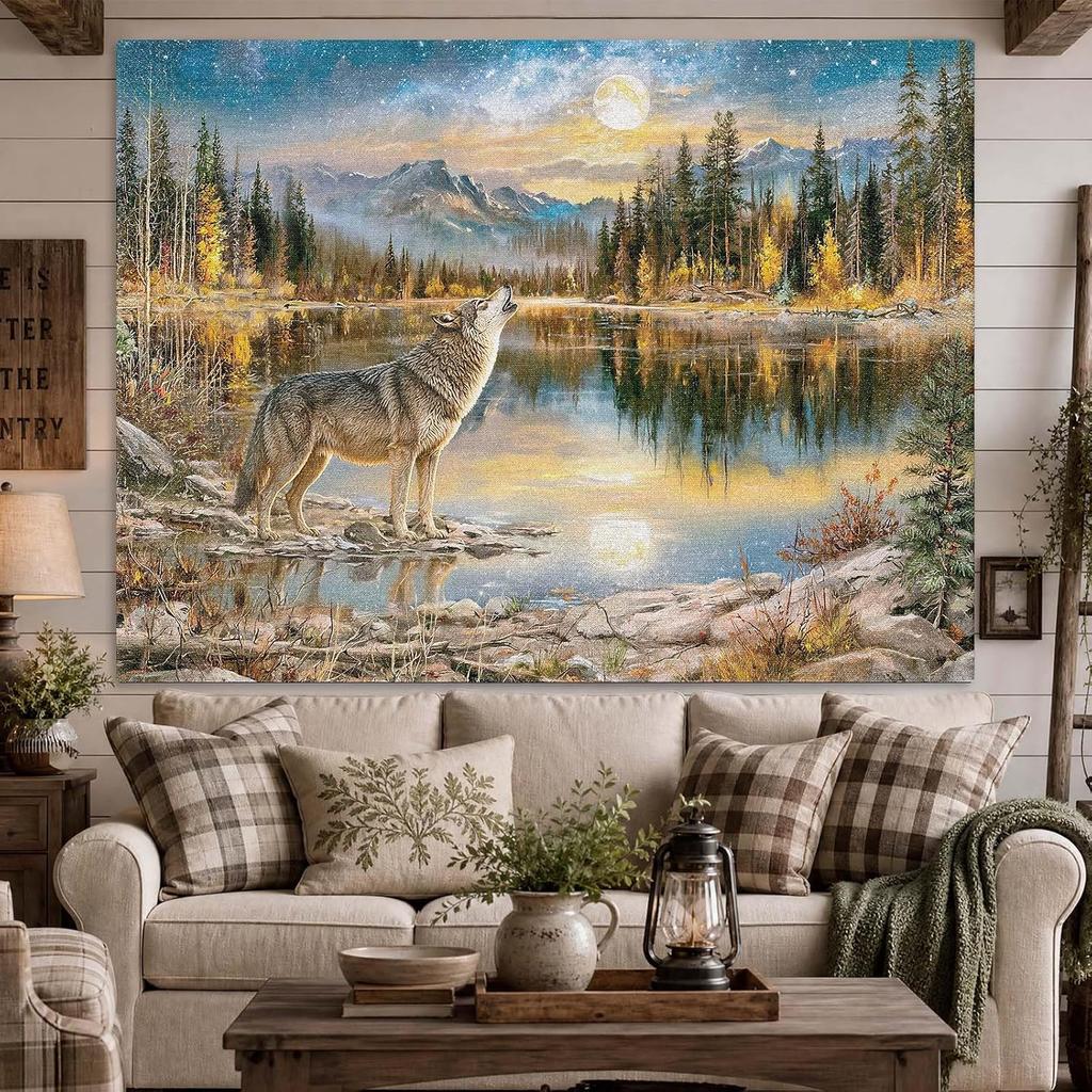 Gruaoihy Wolf Howling Moon Cabin Tapestry Wildlife Wall Art 36x48in