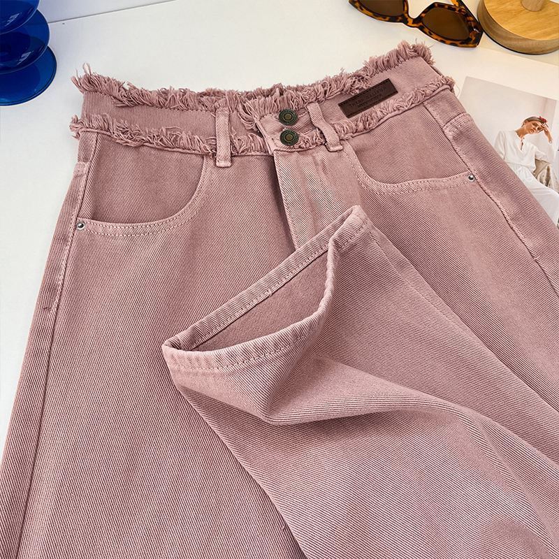Korean Style Pink Jeans Women Spring Autumn High Waist Raw Edge Straight Denim Pants Simple Gentle All Matched Wide Leg Pants