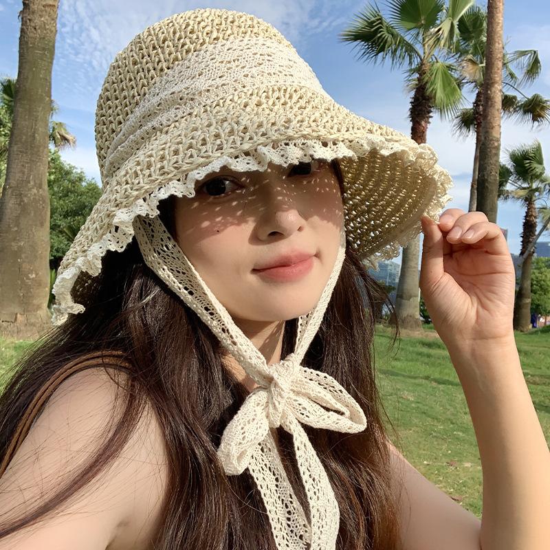

Шляпа соломенная соломенная со шнуровкой, женская, новинка, для летних путешествий, пляжного отдыха на море, с большими полями, для солнца one size бежевый