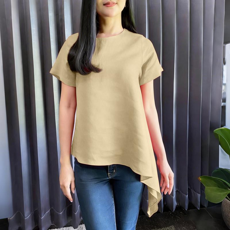 ZANZEA Women Casual Round Neck Short Sleeve Asymmetrical Hem Blouse