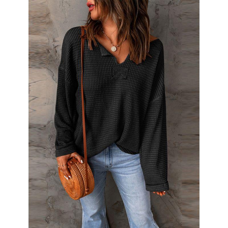 2024 Autumn Solid Color Waffle Knitting Long Sleeves T-shirt Female Fashion Drop-Shoulder Sleeve V-neck Casual Loose Pullover Female