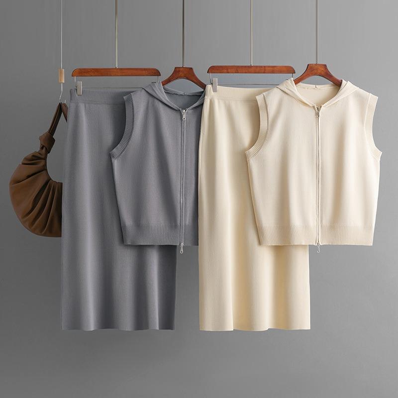 Summer new hooded knitted vest cardigan women's fashion suit skirt loose zipper two-piece set