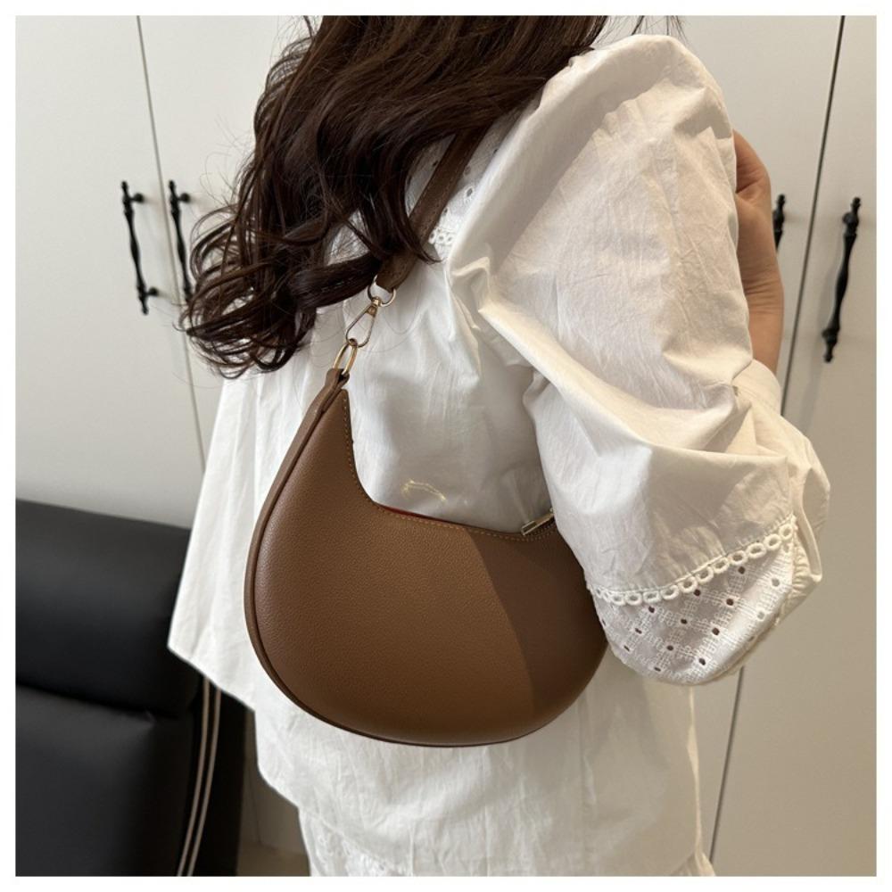 Fashion PU Leather Shoulder Bag Large Capacity Solid Color Underarm Bag Moon-shaped Tote Handbag Women