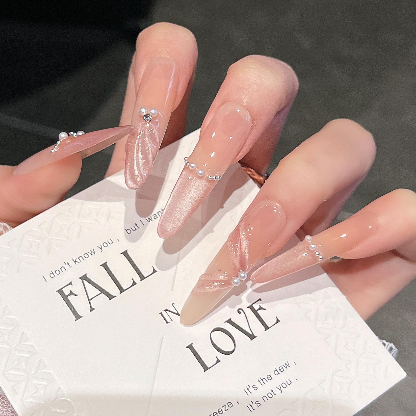 Pink Mermaid Wearable Nails: Handmade Long False Nails with Detachable Dachshund Manicure Tips