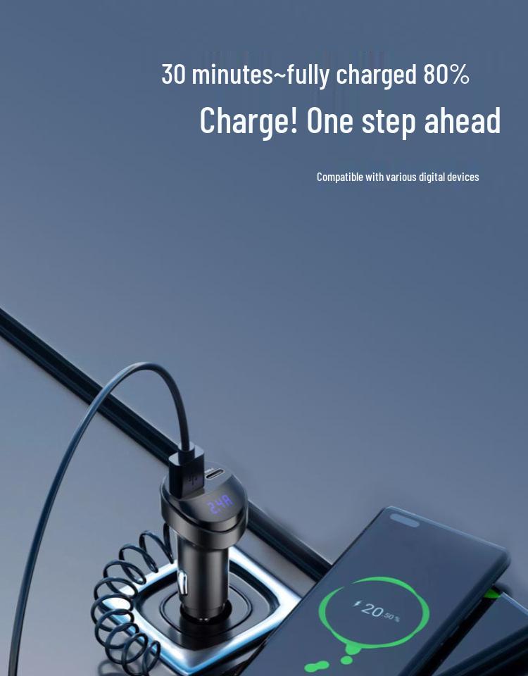 KC08 Car Charger: 3-in-1 Retractable Cable with Quick Charge and Voltage Display