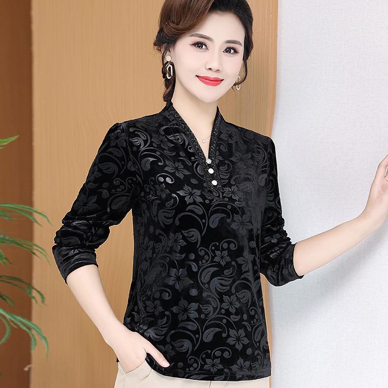 New Arrival: Plus Size Black Printed Long Sleeve T-shirt for Middle-Aged & Elderly Women, Loose Fit, Slimming, Versatile for Spring/Autumn.