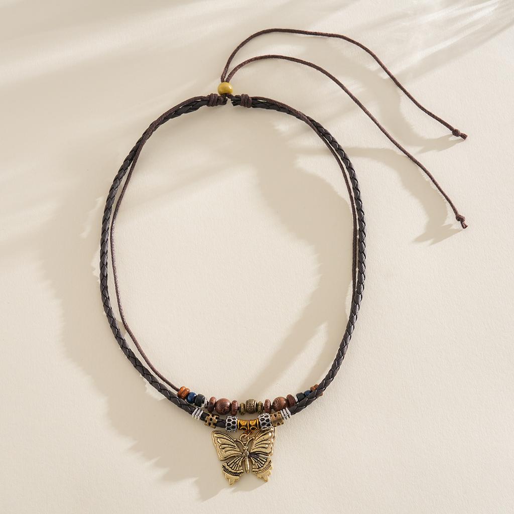 Leather rope wooden beads beaded butterfly double-layer necklace ethnic style sweater chain fashion item