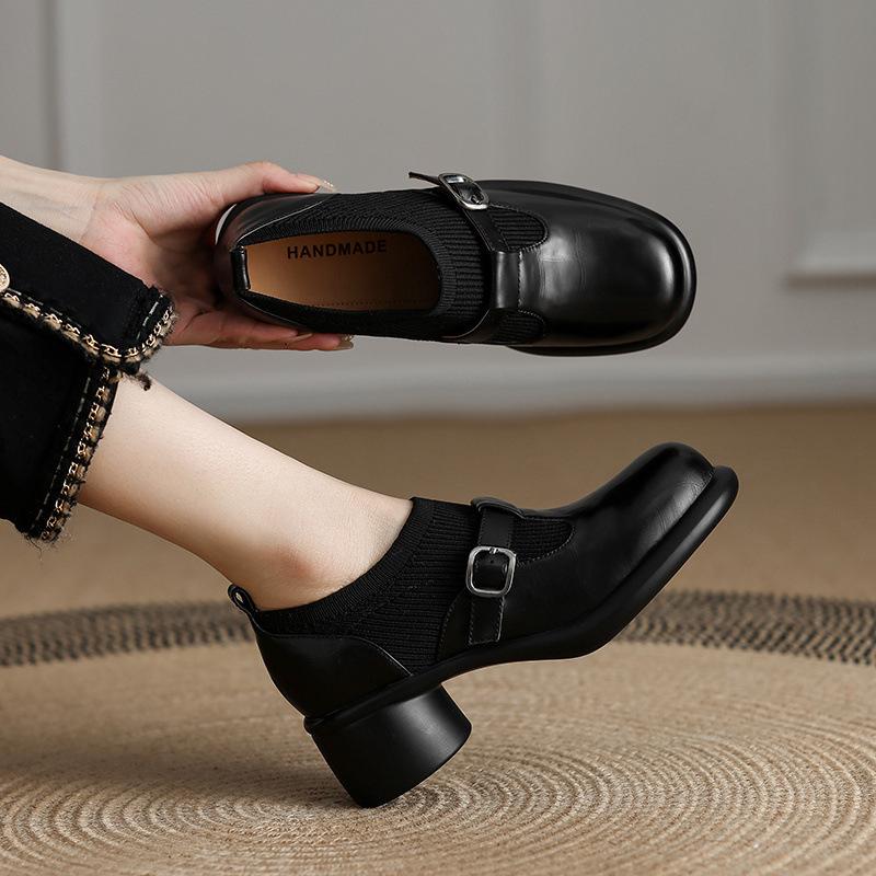 Large Size Flying Weaving Deep Mouth Single Shoes New Mary Jane Shoes Belt Buckle Thick Heel Small Leather Shoes