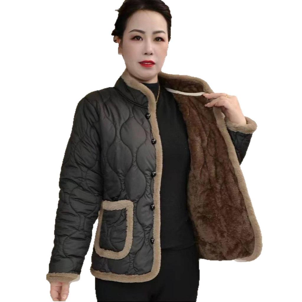 Stylish Women's Winter Cotton Jacket with Velvet Lining - Warm Casual Outerwear for Middle-Aged and Elderly