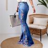 Women's High Rise Flare Jeans High Stretch Floral Embroidery Frayed Hem Washed Denim Pants Elegant Casual Long Trousers