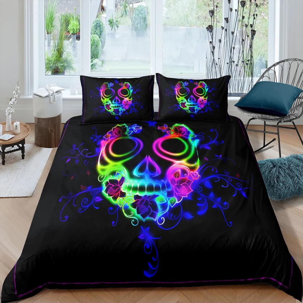 Sugar Skull Bedding Sets King Beauty Kiss Skull Duvet Cover Bed Set Bohemian Print Black Bedclothes Queen Size Bedline