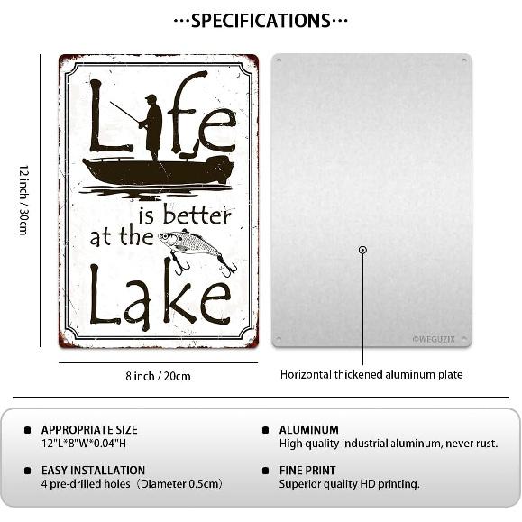 Funny Fishing Signs Life Is Better At The Lake Vintage Metal Fish Painting Art Printing Poster Wall Decor for Home Kitchen Bar Cafe Pub 12x8 Inch