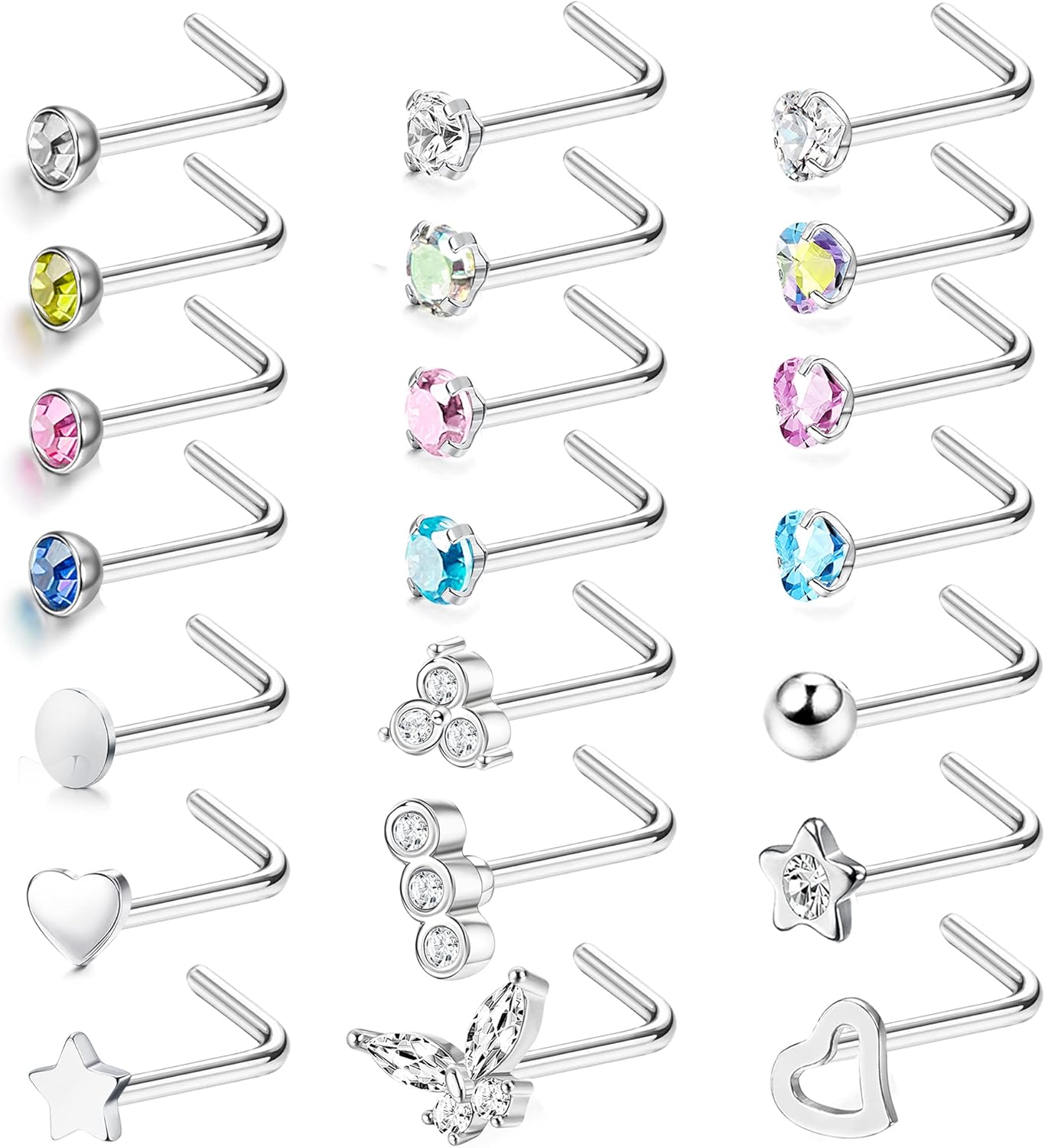 Bobisty 21Pcs Nose Studs 316L Surgical Steel for Women Men Colorful CZ S/L Shaped Nose Stud Screw Nose Piercing Jewellery 20G Curved barbell&Nose Rings & Studs&Face
