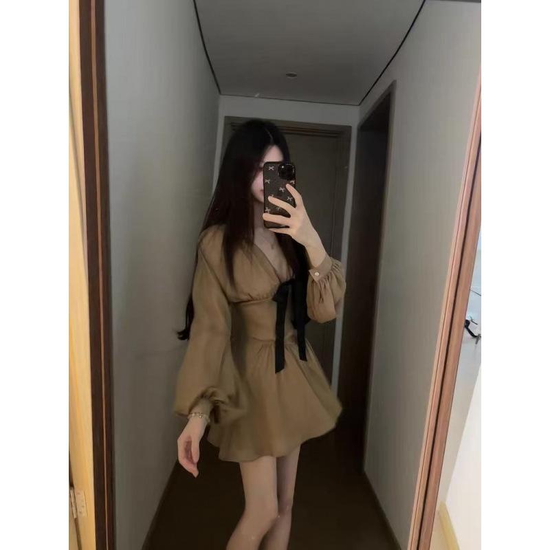Celebrity Bow V-neck Long-sleeved Chiffon Dress for Women's Autumn and Winter Waist and Thin Temperament A-word Short Skirt