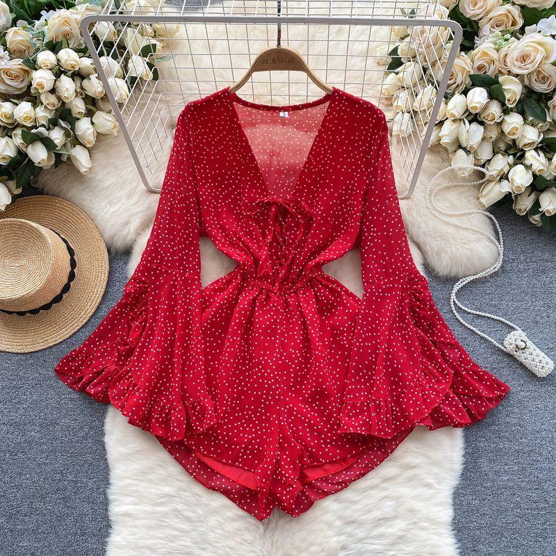 

INS Vacation Jumpsuit Women s Sweet Lotus Leaf Bell Sleeve Stylish V-neck Lace up Silm Short Wide-Leg Pants Red All yards