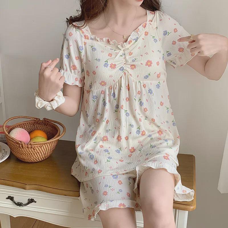 "Women's Summer Pajama Set with Chest Pads: Wrinkle-Resistant, Short Sleeves, Korean-Style, Sweet & Cute"