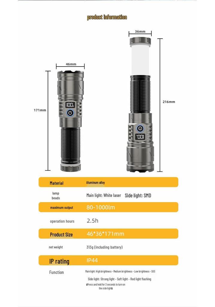 Dual Light Rechargeable Laser Flashlight with Retractable Outdoor Lighting & Digital Display
