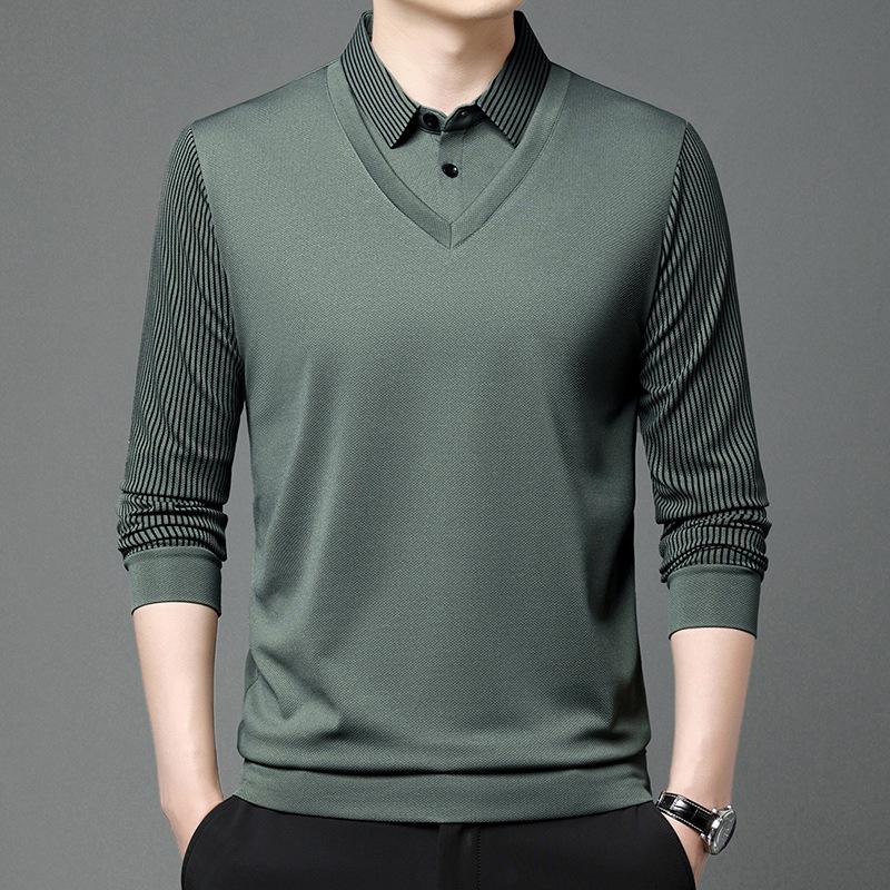 Popular Fake Two-piece Thin Long-sleeved Men's Shirt Collar Spring Autumn New Striped Casual Tees Bottoming Shirt T-shirt