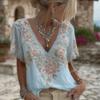 Women T-shirt V-Neck Short Sleeve 3D Imitation Jacquard Flower Decor Pullover Tops Loose Fit Summer Blouse Daily Wear