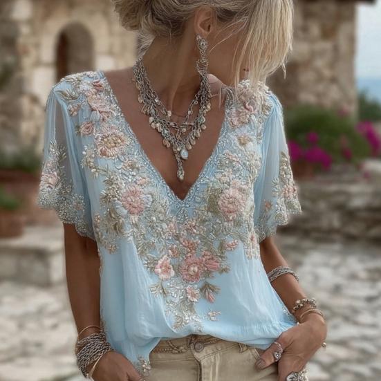 Women T-shirt V-Neck Short Sleeve 3D Imitation Jacquard Flower Decor Pullover Tops Loose Fit Summer Blouse Daily Wear