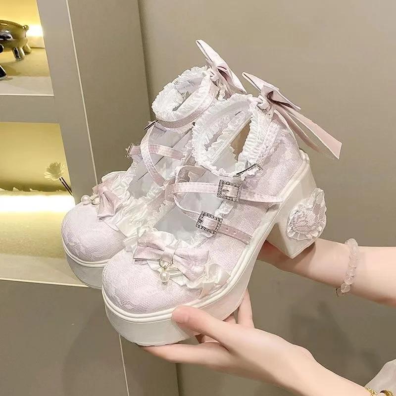 Womens Mary Jane Single Shoe Elegant Temperament Soft Sole Lace Lolita High Heels Fad Beautiful Princess Shoes for Women Tacones