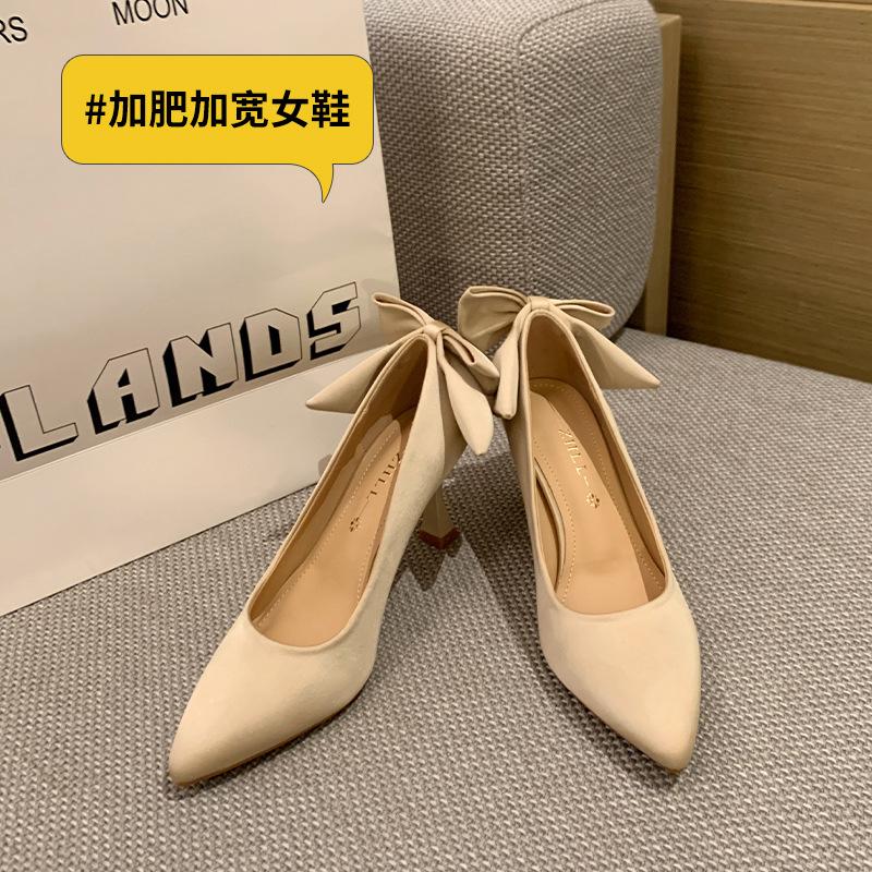 pointed single shoes  new bow stiletto high heels widened large size women s shoes 35