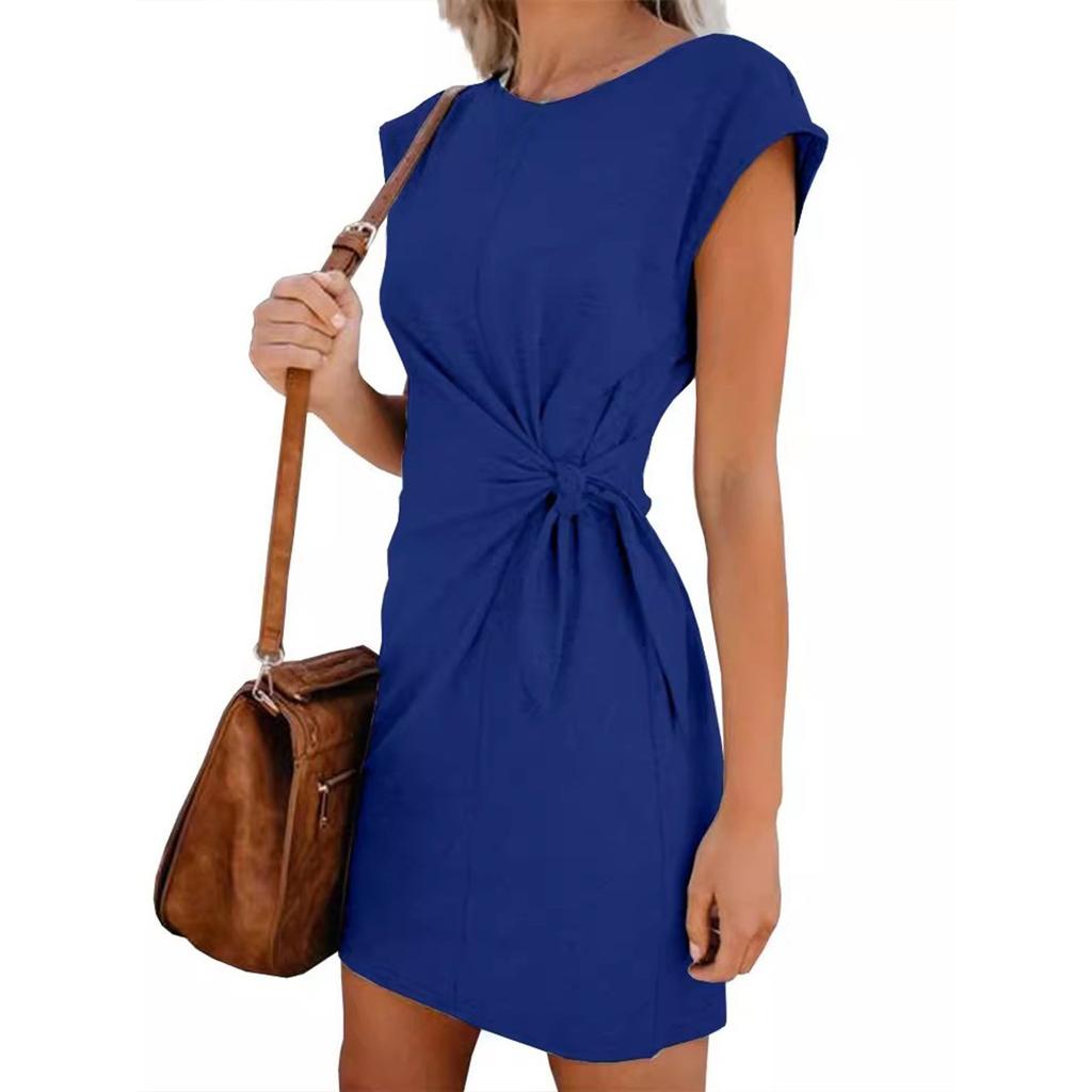 Women's Fashion Color Sleeveless Round Neck Irregular Tie Short Dresses