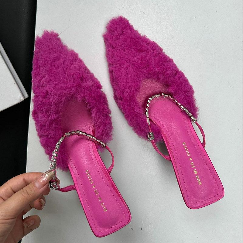 Fashion 2025 New Pointy Thin Heels Europe And The United States Fashion High Heels Fur Shoes Bao Head Sandals Empty A Line With A Middle