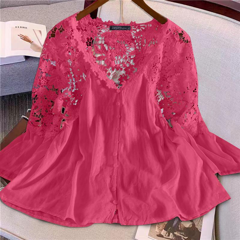 

ZANZEA женские осенние блузки с V-образным вырезом и длинным рукавом, однотонные кружевные блузки с цветочным принтом 3XL ярко-розовый