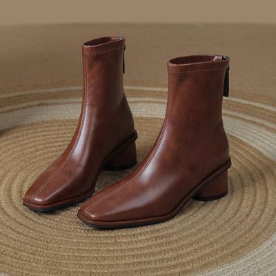 Fashion Square Head Short Boots Women's 2025 Autumn and Winter New Soft Sole Fashion Versatile Thick Heel Chelsea Thin Boots Women