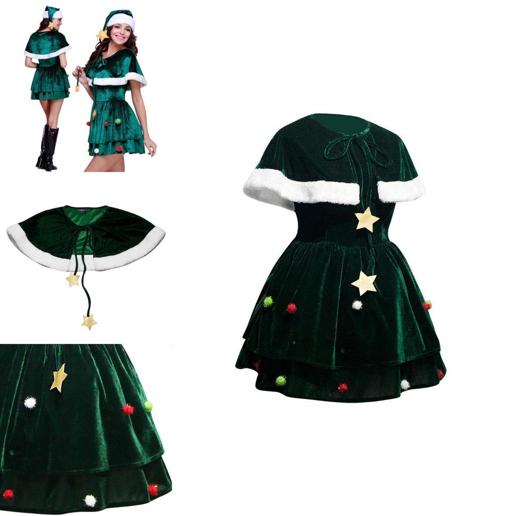 Gorgeous Women Christmas Tree Cosplay Costume Plus Size Xmas Dress Cloak Hat Party