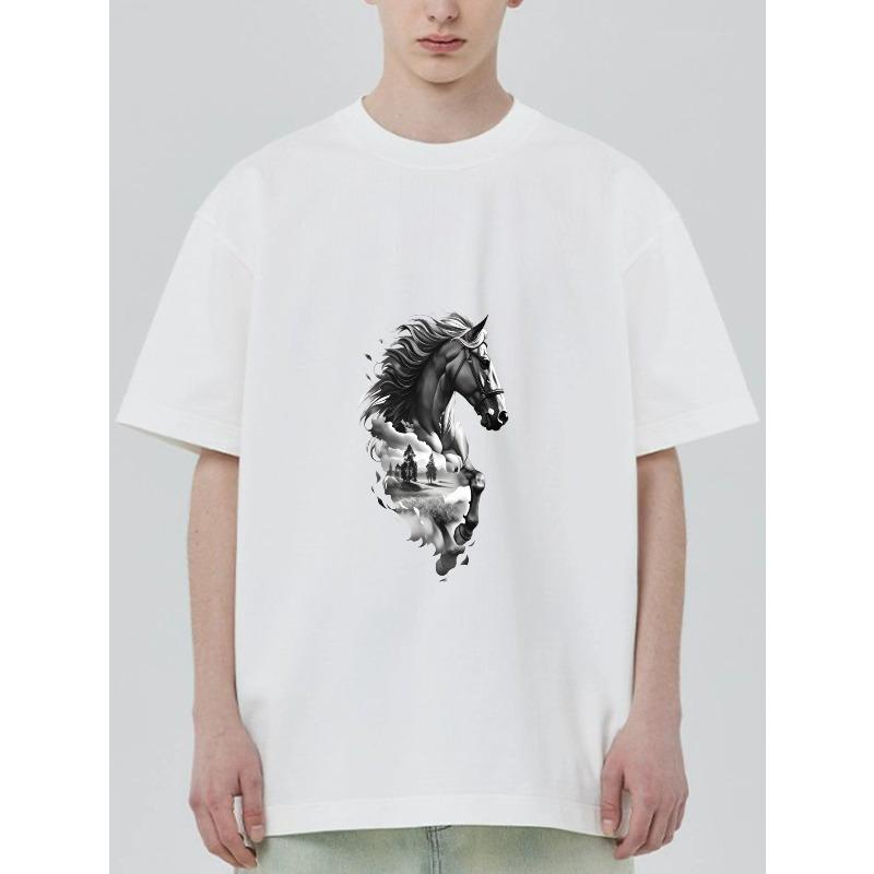 

Black T-Shirt With Horse And Landscape Print For Casual Wear XXXXL білий