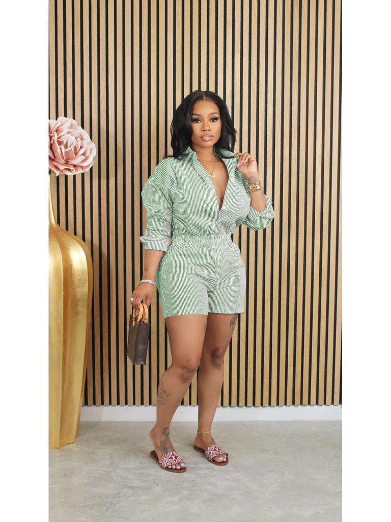 Frühling/Sommer Damen Gestreiftes Knopfrevers Zweiteiliges Set