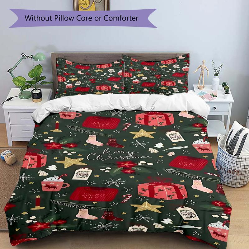 

3pcs Christmas Holiday Gift Set Candy Canes, Hot Chocolate Cups - Festive Decor for Bedroom or Guest Room - Includes One Quilt Cover and Two Pillowcas 135x200cm
