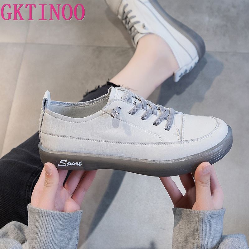 Fashion GKTINOO Loafers Ladies Genuine Leather Large Size Spring New Lace-up White Shoes Women Fashion Casual Soft Sole Flat Shoes Women