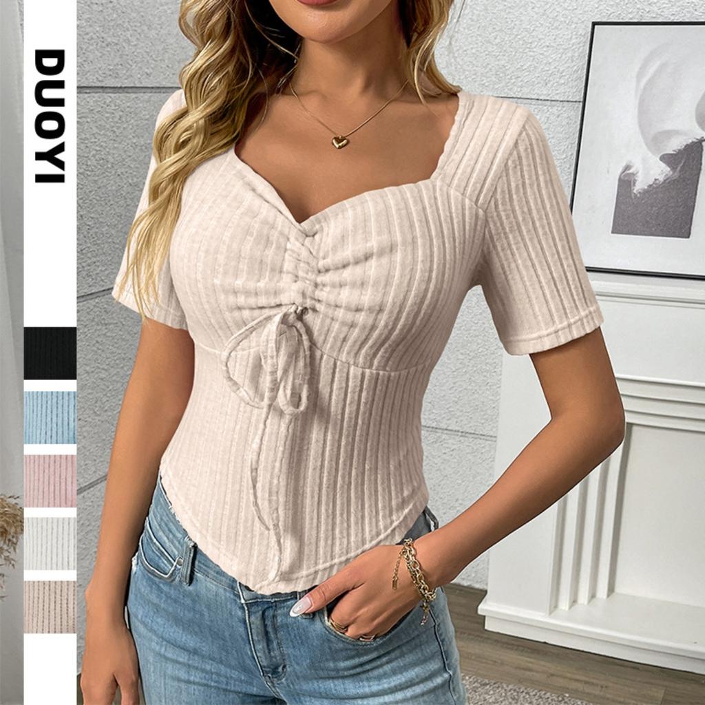 Damen V-Ausschnitt Kurzarm Geripptes Blusentop Slim Fit Süßes Kordelzug Cropped Tunika Top