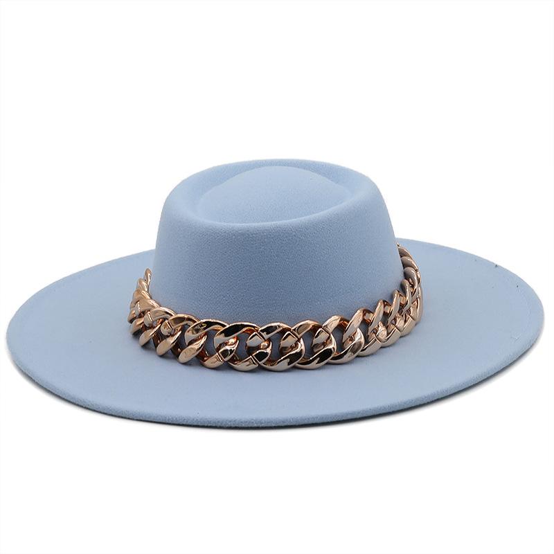 New retro ethnic style. Eaves wool woolen felt hat concave and convex top men's and women's top hats, big eaves thick gold chain hat